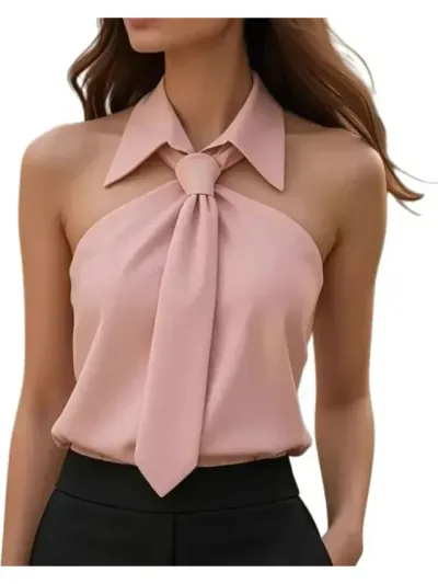 Blusa Feminina Frente Única Gola com Laço em Crepe — Rosa Antigo