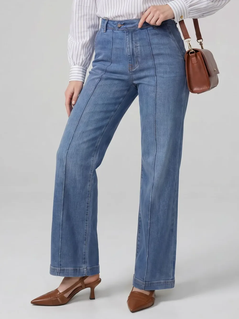 Calça Jeans Feminina Wide Leg Cintura Alta com Vinco — Azul Médio