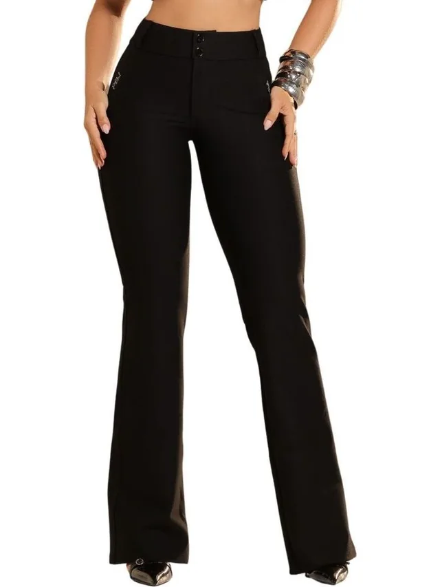 Calça Feminina Montaria Flare Cintura Alta em Bengaline — Preto