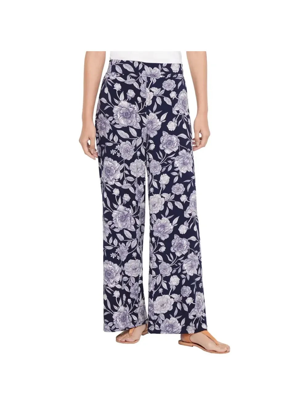 Calça Feminina Pantalona Estampa Floral Cintura Elástica — Azul Marinho