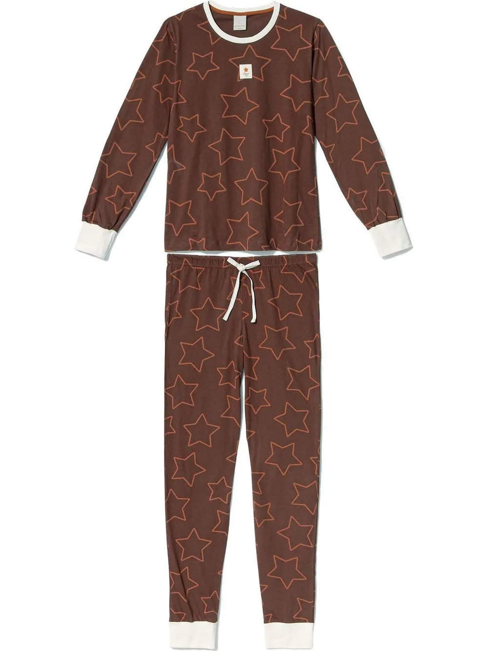 Pijama Feminino Manga Longa Punho Canelado em Algodão — Marrom