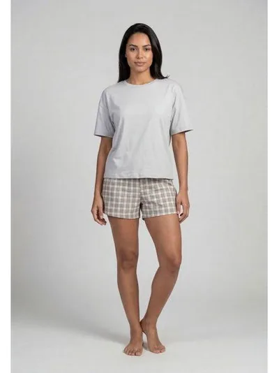 Pijama Feminino Camiseta e Short Xadrez em Algodão — Cinza e Bege
