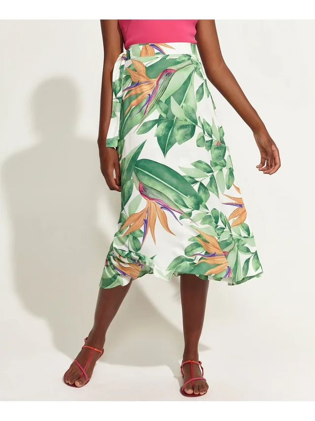 Saia Midi Feminina Rodada Estampa Tropical Cintura Alta — Verde