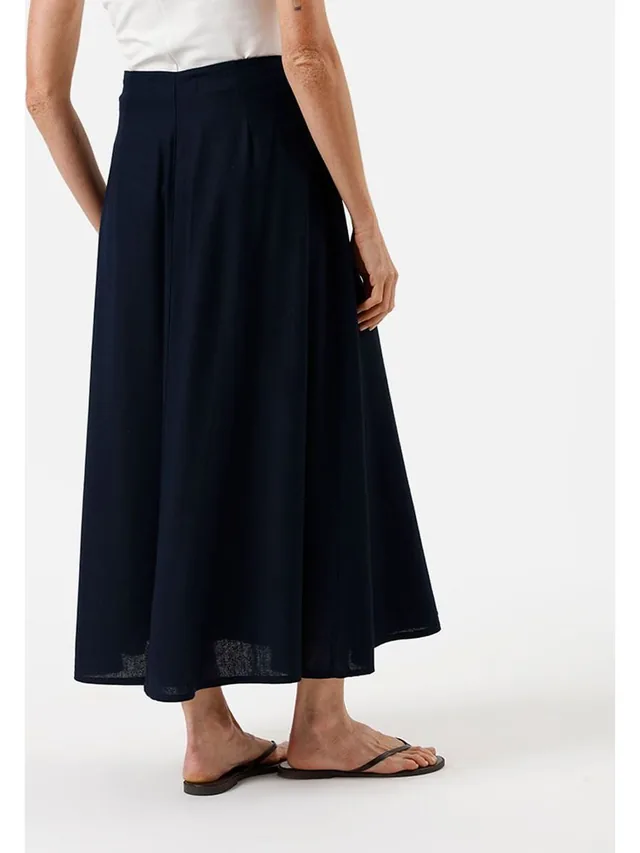 Saia Midi Feminina de Linho Evasê Cintura Alta — Azul Marinho