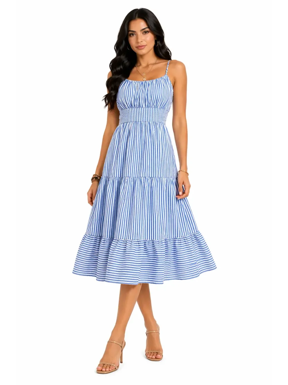 Vestido Midi Feminino Listrado Alça Fina Cintura Franzida — Azul