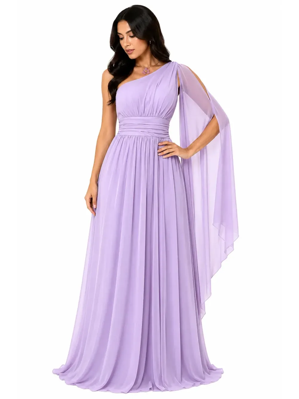 Vestido Longo Feminino Ombro Único Drapeado em Chiffon — Lilás