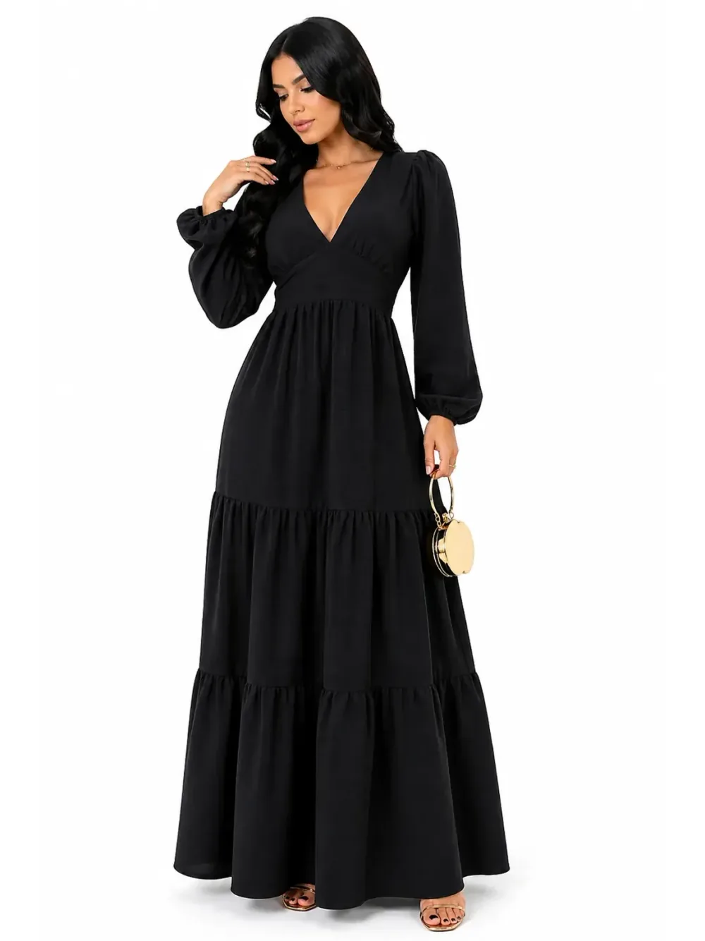 Vestido Longo Feminino Manga Bufante Decote V Saia Camadas — Maria Eduarda