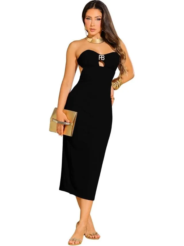 Vestido Midi Feminino Tomara Que Caia Justo com Fenda — Preto